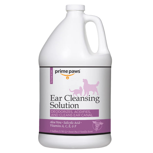 Prime Paws Ear Cleansing Solution for Dogs & Cats - Deodorizing Dog Cleaner with Aloe Vera Vitamins Professional Pet Flush Cleans Acidifies Canal Complete Care 1 gal, White (PRIM1059)