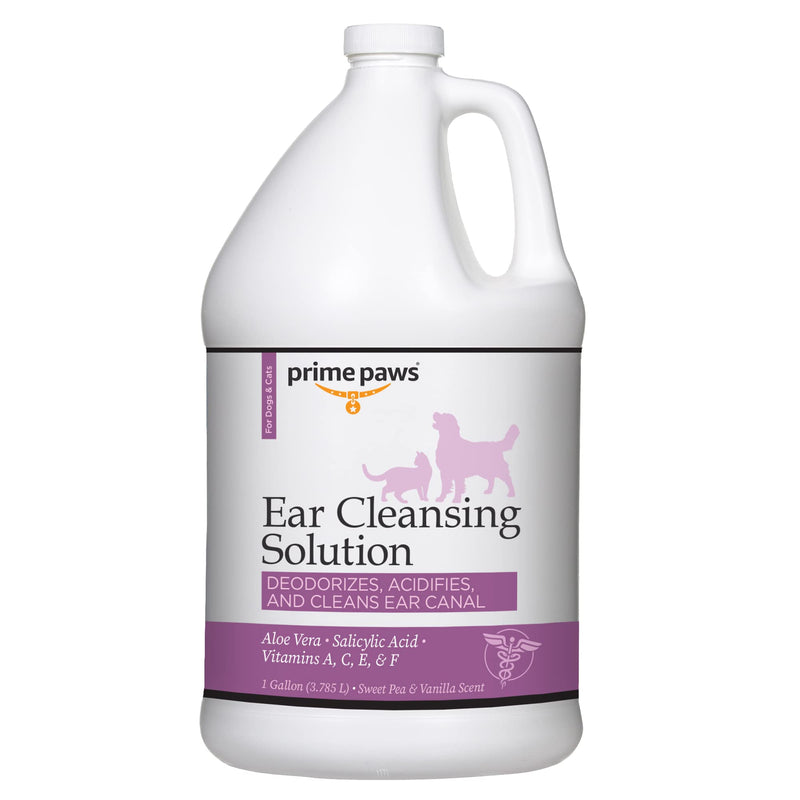 Prime Paws Ear Cleansing Solution for Dogs & Cats - Deodorizing Dog Cleaner with Aloe Vera Vitamins Professional Pet Flush Cleans Acidifies Canal Complete Care 1 gal, White (PRIM1059)