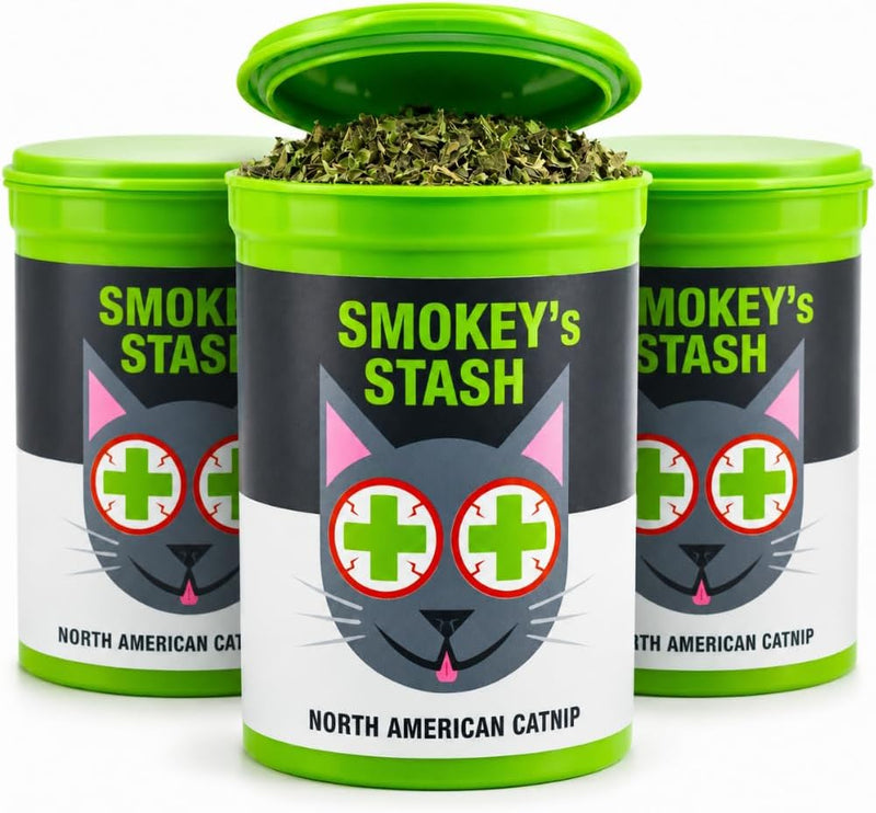 Smokey's Stash Catnip for Cats, 3 Resealable Pop Top Cans, North American Grown, 100% Natural, Encourages Play and Activ