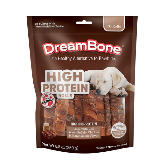 DreamBone High Protein Rolls for Dogs, 10 Count, Treat Your Dog to Easy-to-Digest Rawhide-Free Chews Made with Real Water Buffalo, Chicken and Peanut Butter Flavor