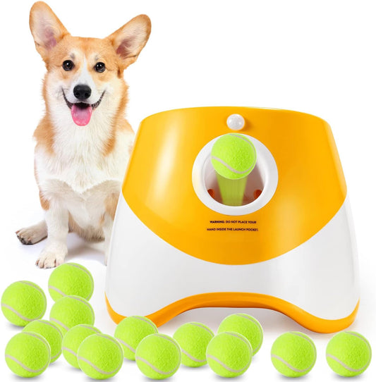 MEKAPLE Automatic Dog Ball Launcher, Dog Ball Thrower with 15 Mini Tennis Balls Sizing 2 Inch and Mesh Bag, Interactive 