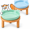 2 Pack Elevated Ceramic Cat Bowls with Bamboo Stand for Cat Bowl, Whisker Friendly Shallow Cat Plate, Stable Raised Cat 