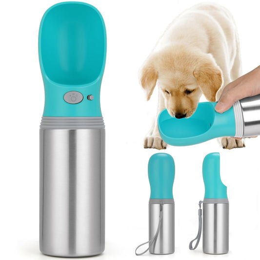 Portable Dog Water Bottle, 14 OZ, Stainless Steel Leak Proof Puppy Water Dispenser with Drinking Feeder for Pets Travel, Walking, Hiking and Outdoor Activities