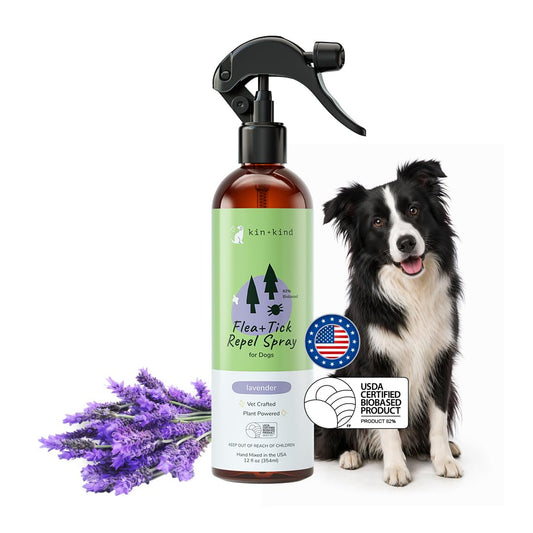 kin+kind Natural Flea and Tick Prevention for Dogs – Non-Greasy Coat Spray, Vet-Formulated, Lavender, 12 fl oz