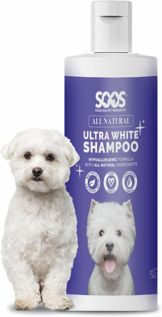 Soos Ultra White Hypoallergenic Shampoo for Dogs & Cats - Natural White Brightening Formula, Gentle & Moisturizing Pet W