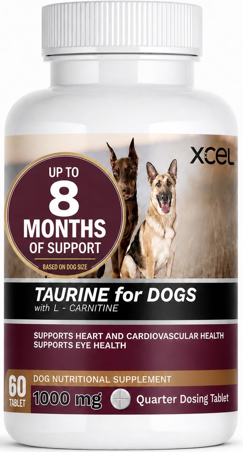 XCEL Taurine for Dogs 1000 mg Supplement with L-Carnitine, Quarter Scored Tablets (250 mg Split), Up to 240 Servings, Su