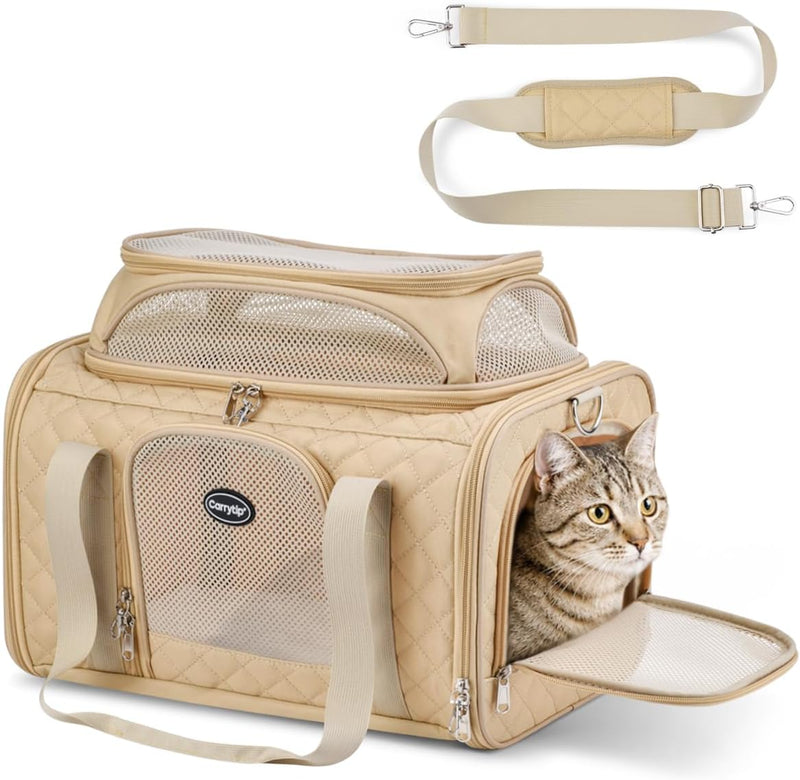 CarryTip Cat Carrier Airline Approved 17x11x9.5 Inches, Top Expandable Soft Sided Pet Travel Carrier for Cats & Small Dogs, Fits Under Airline Seat with Locking Zippers, Brown