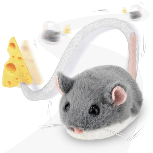 Migipaws Interactive MigiMouse Cat Toy 360° Rolling & Spin with Mesh Plastic Tail for Indoor Cats Smart Motion Sensor, Realistic Squeak, Rechargeable Plush Kitten Toy(Grey)
