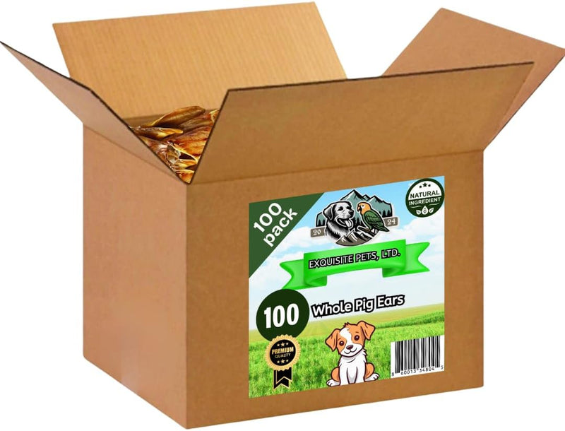 Exquisite Pets 100-Pack of Roasted Pig Ears for Dogs-Bulk All Natural, Brazilian Single-Ingredient Chews! Safe & Digesti