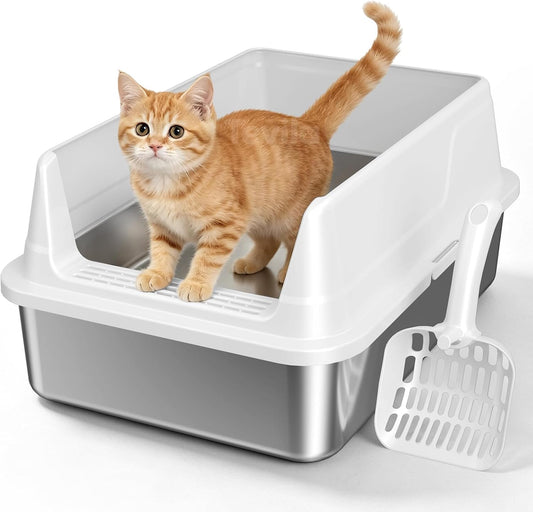 Tevila Stainless Steel Litter Box with High Sides, Small Metal Litter Box for Kittens & Senior Cats, Open Top Low Entry Non-Stick Easy Clean with Scoop, Gray