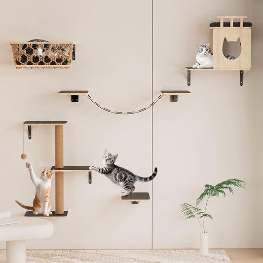 HHOFURN 5-in-1 Cat Wall Shelves Set with Hammock, Wall-Mounted Cat Furniture Includes Condo, Bridge, Ladder & Steps for Indoor Cats, Safe & Stable (Gray)