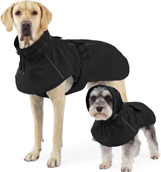 OUOBOB Dog Raincoats for Large Dogs with Hood, Waterproof Dog Rain Jacket with Leash Hole, Reflect Strips, Ideal for Rain, Snow, Windy Weather & Outdoor Walks, Camping, Hiking- Black XXXL