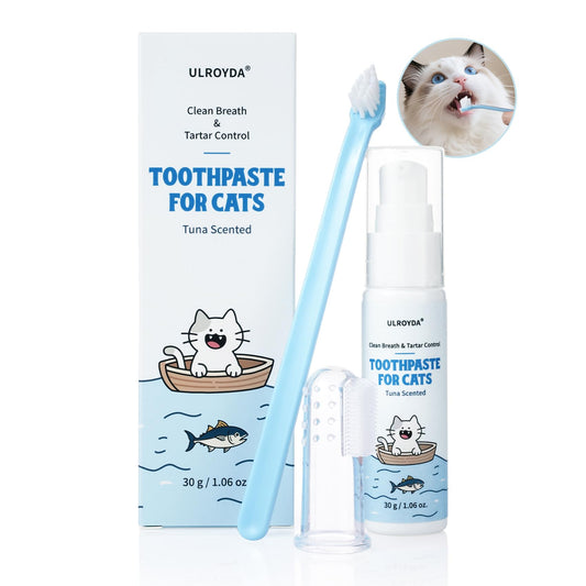 ulroyda Cat Dental Care Kit – Tuna Flavor Toothpaste 1.06 oz with Toothbrush & Finger Brush | Gentle Formula, Fresh Breath & Plaque Control
