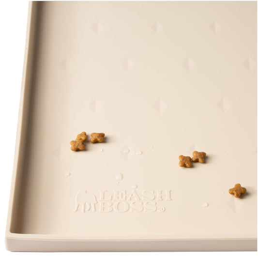 Leash Boss Dog Food Mat - Waterproof Cat & Dog Bowl Mat for Food and Water, Silicone Pet Feeding Mats for Floors, Non-Slip Placemat with High Edges, Puppy Essentials (ML: 20"x13", Beige)