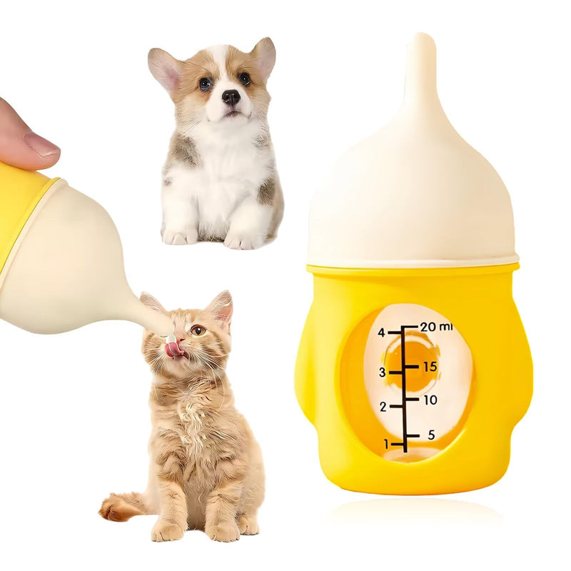 Pet Nursing Bottle, Yellow Animal Feeding Bottles with Soft Silicone Nipple, Anti-Choking Design, Slow Flow Kitten Bottle Feeding kit for Puppies, Kittens and Small Animals (20 ml)