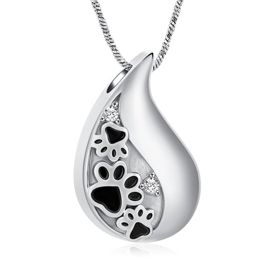 Yinplsmemory Pet Paw Print Teardrop Urn Necklace for Ashes for Dog/Cat Ashes Keepsake Memorial Pet Cremation Jewelry