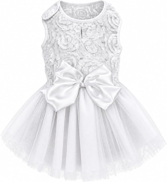 Kuoser Dog Dress Pet Wedding Dresses, Adorable Tutu Shirts for Small Medium Girl Dogs, Puppy White Princess Outfits with Luxury Lace Pearl Bow, Retro Pet Costumes for Birthday, Party, Wedding