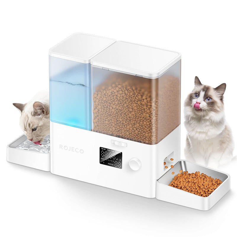 ROJECO Automatic Cat Feeder and Water Dispenser,36Cups/8.5L 2-in-1 Stainless Steel Bowls Large Capacity Cat Food Dispenser and Gravity Water Fountain for Cats Small Dogs Puppies Kittens Pets