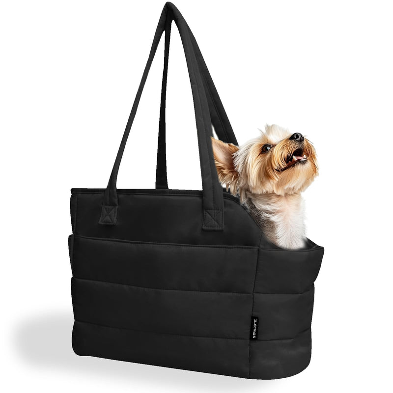 STRAODTIC Lightweight Dog Purse Carrier for Small Dogs Under 15 lbs, Puffy Quilted Pet Carrier Tote for Puppies with Safety Leash Clip, Women's Hands-Free Dog Carrier Bag for Travel/Shopping (Black)