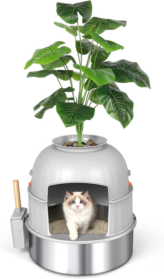 Three-Section Hidden Cat Litter Box, Stainless Steel Litter Box, Cat Litter Box Hidden with Faux Plant & Scoop, Vented Filter for Odor Control, Hidden Litter Box Furniture, Home Decor (White)
