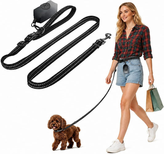 Kazazoo Hands-Free Dog Leash with Poop Bag Holder, Adjustable 4-7 Ft Waist for Dog Walking, Running for Small & Medium Dogs with Reflective Strips, Nylon Waist Belt, Black