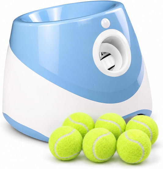 HADIZA Automatic Ball Launcher for Dogs, Rechargeable Thrower Machine, Adjustable 10/20/30 ft Range, 6 Mini 2 Inch Tennis Balls, Interactive Fetch Toy for Small