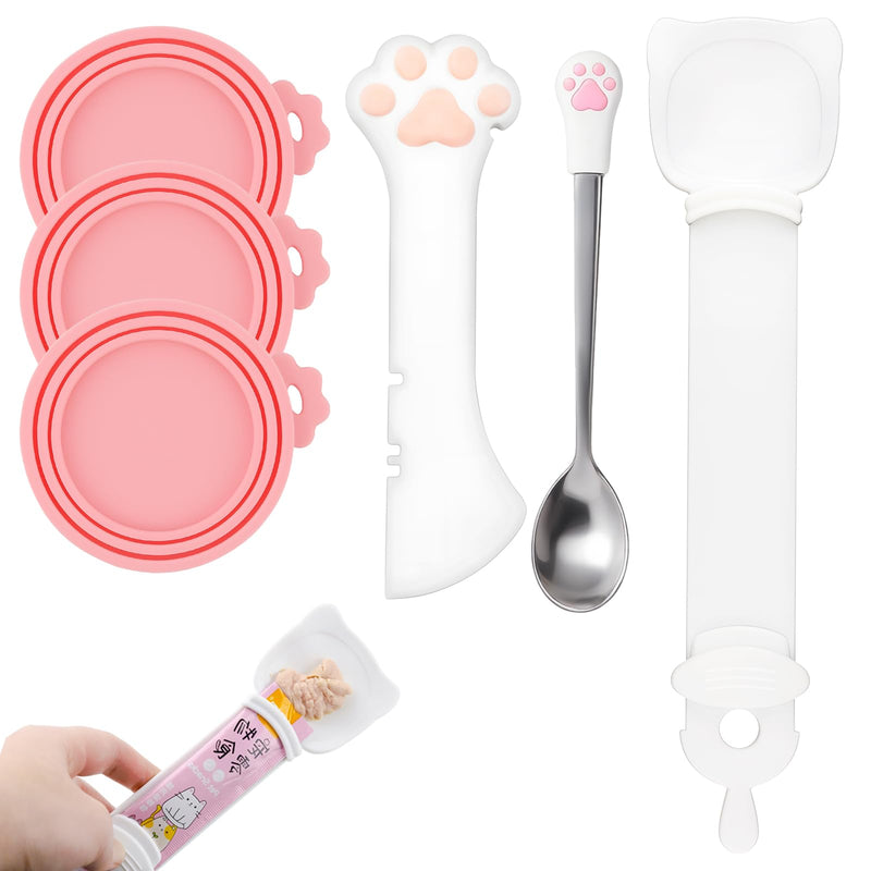 Cfyosnk 6 PCS Cat Food Can Covers Set, Reusable Silicone Can Lids with Opener, Stainless Steel Wet Food Spoon & Cat Treat Squeezer for Pet Feeding and Storage, Fits Cats & Dogs