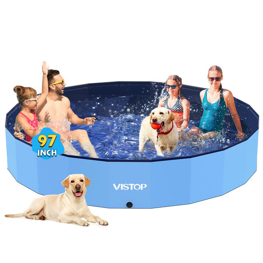 VISTOP Jumbo Foldable Dog Pool, Hard Plastic Shell Portable Swimming Pool for Dogs Cats and Kids Pet Puppy Bathing Tub Collapsible Kiddie Pool (97inch.D x 15.7inch.H, Blue)