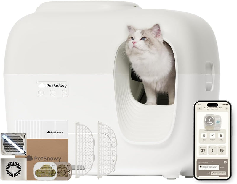 PetSnowy Self-Cleaning Automatic Cat Litter Box with Odor Control TiO2 System, Robot Litter Box with Auto-Packing, App C