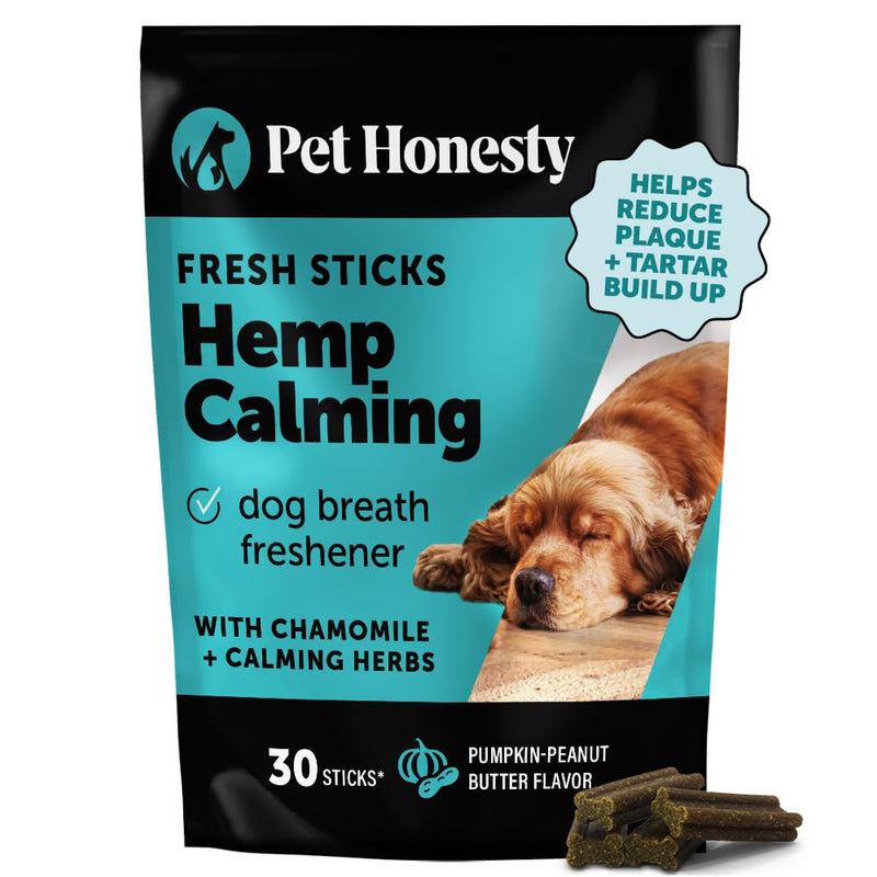 Hemp Calming Dog Dental Sticks - Reduce Stress + Occasional Anxiousness with Melatonin + Hemp to Promote Calm, Reduce Plaque + Tartar, Fresh Breath Teeth Cleaning Treats (Pumpkin Peanut Butter, 30 Ct)