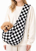Dog Sling Carrier for Small Dogs and Cats 5–16 lbs, Puppy Cat Carrier Sling with Safety Hook and Storage Pocket, Hands Free Pet Carrier Purse for Travel, Walking, Shopping (Ebony Check)
