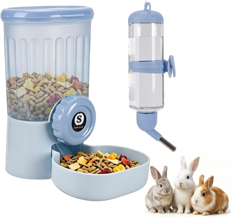 Sangle Sopffy Rabbit Feeder and Water Dispenser Set, Gravity Food Bowl with Water Bottle for Cage, Small Animal Feeding 