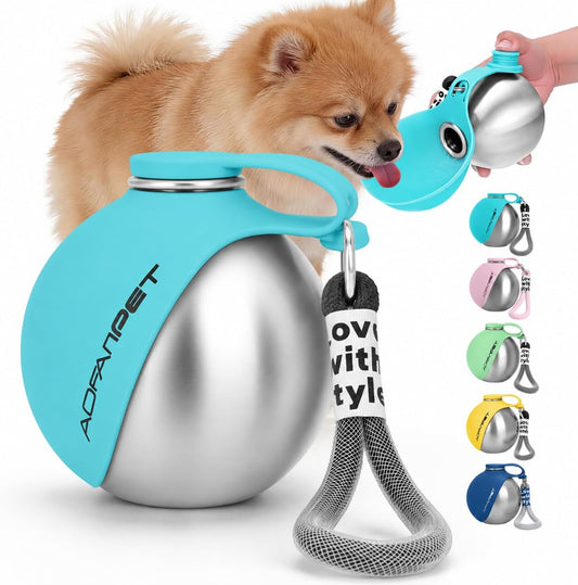 AOFANPET Portable Dog Water Bottle 10oz Stainless Steel Travel Dog Water Dispenser with Bowl No-Spill Puppy Water Bottle for Walking Hiking Small Dog Water Bottle
