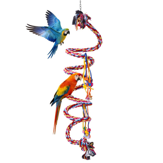 Ultra Long Bird Toys for Large Parrots - 110'' Heavy Duty Cotton Rope Birds Toy Swing, Spiral Hanging Bird Toys with Bell & Acrylic for Macaws, Cockatoos, Greys, Enrichment Parrot Toys
