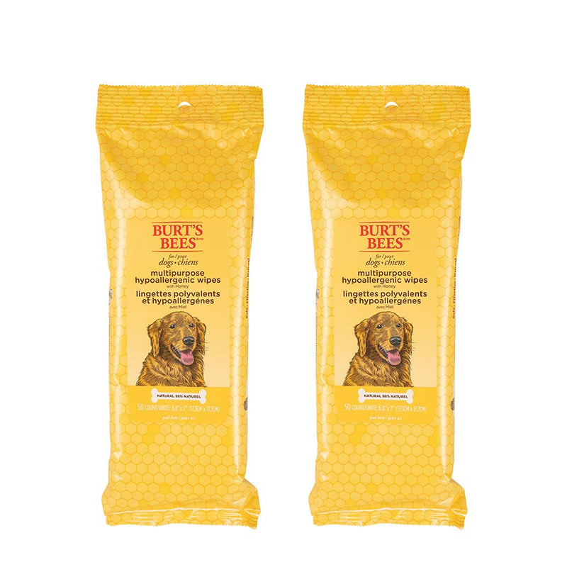 Burt's Bees for Pets Honey Multipurpose Dog Grooming Wipes, Gentle Hypoallergenic Spot Cleaning Sheets, pH Balanced Natural Origin Formula for Paws, Face and Butt, 50 Count - 2 Pack