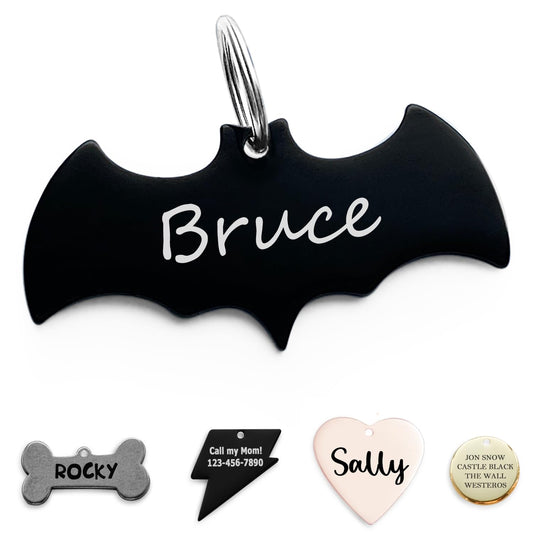 316 Surgical Grade Stainless Steel Personalized Dog & Cat ID Tags - Engraved Name or Text for Pet Collar Accessories, Original Funny Shapes (Bat)