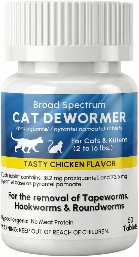 Broad Spectrum Dewormer for Cats and Kittens – Praziquantel and Pyrantel Pamoate Tablet, – Removes Tapeworm, Roundworm & Hookworm – Fast Acting Formula (50 Tablets)