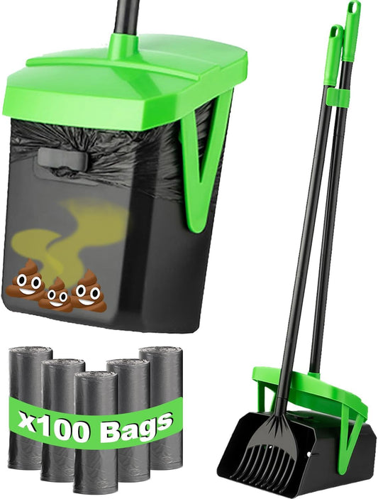 FUSBUNTY Pooper Scooper Swivel Bin & Rake with 100 Waste Bags, Dog Pooper Scooper with Bag Attachment for Large Medium Small Dogs, Poop Scooper with Lid for Lawn Yard Dog Kennel