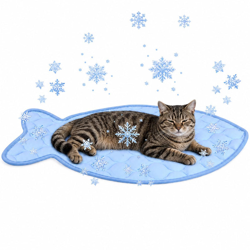 SZEE Cat Cooling Mat, Cooling Mat for Cats, with Ice Silk Fabric, Machine Washable, Fish-Shaped, for Bed, Sofa, Floor, Car Seat & Crate, with Anti-Slip Bottom (27” × 18”)