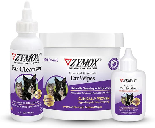 Zymox Enzymatic Ear Solution for Dogs and Cats, Ear Wipes, & Ear Cleanser - Product Bundle - for Dirty, Waxy, Smelly Ear