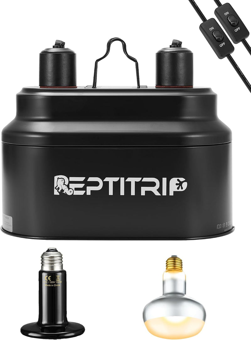 REPTITRIP Dual Reptile Light Fixture with 100W Daytime Heat Bulb & 100W Nighttime Ceramic Heat Emitter, 2 Independent Sw