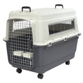 SportPet Airline Compliant X-LARGE 32.25" Travel Dog Kennel-Durable Plastic Airline Pet Carrier w/Removable Wheels & Food Bowls, Collapsible Indoor/Outdoor Dog Kennel, Dog up to 32"L & 23"H-Cream/Gray