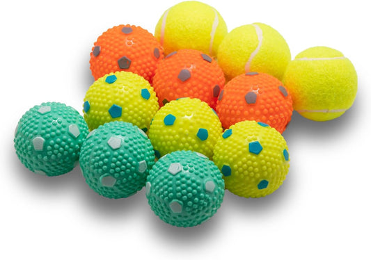 WIGGLYTAIL Dog Balls 12 Pcak, 9 Latex Balls and 3 Tennis Balls for Small Dogs and Puppies for Automatic Dog Ball Launcher(2 Inches)