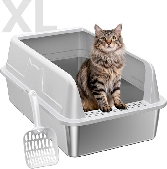 OneBug Stainless Steel XL Cat Litter Box for Cats, High-Sided Design Prevents Urine Leakage, Non-Stick, Easy to Clean, Includes Scoop, Gray