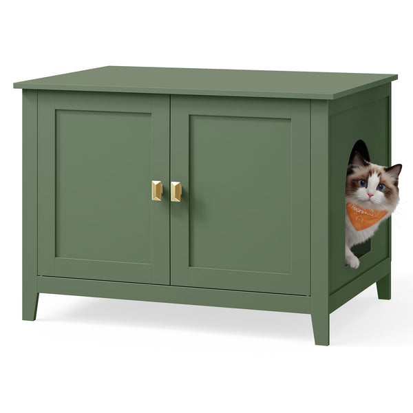 Feandrea Cat Litter Box Enclosure, Modern Hidden Cat Litter Box Furniture, Double Doors, Handles, Indoor Pet House Washroom, Living Room Side End Table, Forest Green UPCL015CH01