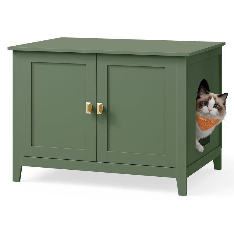 Feandrea Cat Litter Box Enclosure, Modern Hidden Cat Litter Box Furniture, Double Doors, Handles, Indoor Pet House Washroom, Living Room Side End Table, Forest Green UPCL015CH01