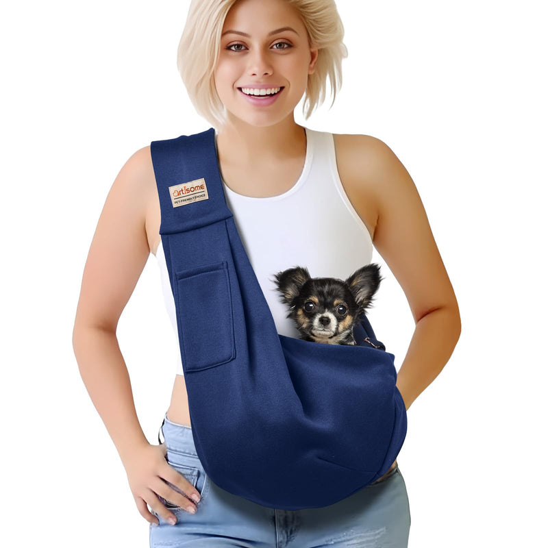 artisome Pet Dog Sling Carrier for 3-10 lbs pet,Dog Purse Pouch,Dog Satchel,Reversible unadjustable Strap Travel Hand-Free Safe Bag Small Puppy Backpack (Dark Blue)