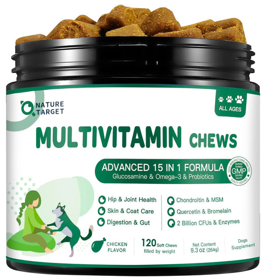 NATURE TARGET Multivitamin for Dogs - with MSM & Glucosamine, Omegas 3 & 6, Probiotics for Digestive Health, Joint Support, Skin & Coat, Immune System & Overall Health 120 Soft Chews
