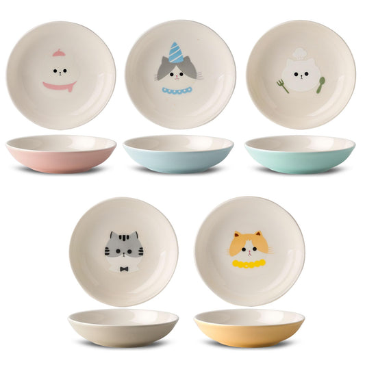 Seyatoo Ceramic Cat Bowls Set - 5.7 inch Wide Cat Food Bowls Whisker Fatigue Friendly, 5 Colorful Kitten Dish Plates with Cute Pattern for Wet and Dry Food Water