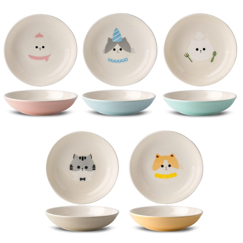 Seyatoo Ceramic Cat Bowls Set - 5.7 inch Wide Cat Food Bowls Whisker Fatigue Friendly, 5 Colorful Kitten Dish Plates with Cute Pattern for Wet and Dry Food Water